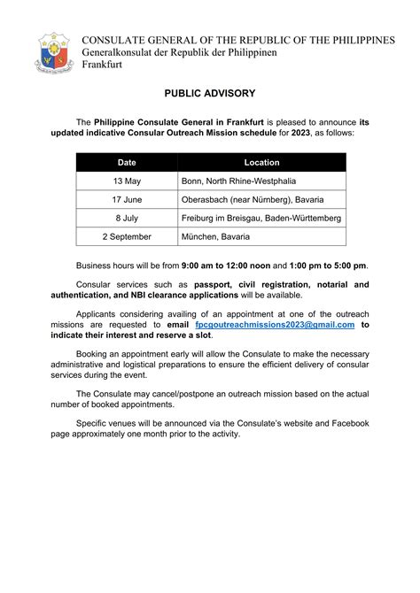 Public Advisory On The Updated Indicative Consular Outreach Mission Schedule For 2023