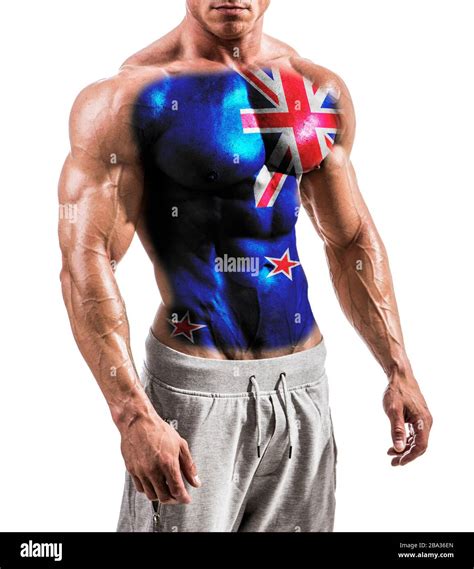 Shirtless Muscular Man With New Zealand Flag Painted On Naked Chest Stock Photo Alamy