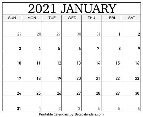 January 2021 Calendar Blank Printable Monthly Calendars Printable 2021