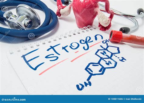 Concept Photo Of Female Sex Hormone Estrogen And Its Level In Body Drawn Chemical Formula Of