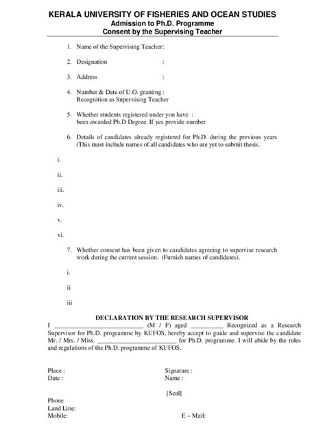 Fillable Online Kufos Ac Proforma To Be Filled By The Supervising