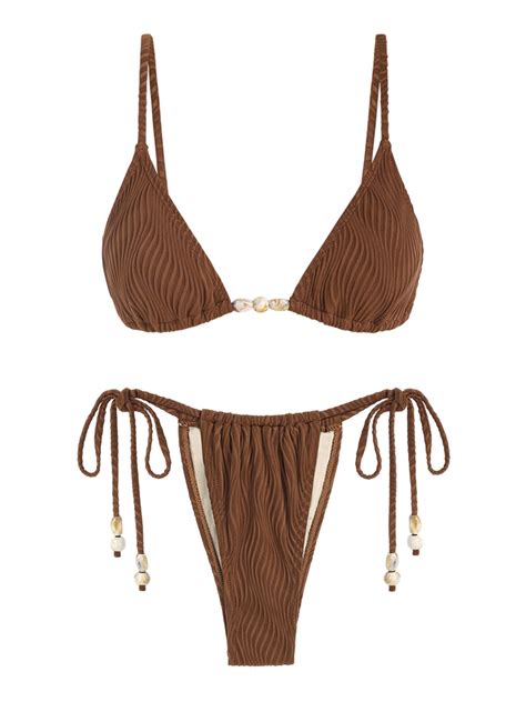 ZAFUL Women Triangle String Two Piece Bikini Fishnet Mesh Tie Shell Decor Tanga Piece Swimsuit