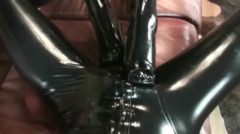 Couple Utter In Black Rubber Catsuit Mask Gloves Condom Encasement