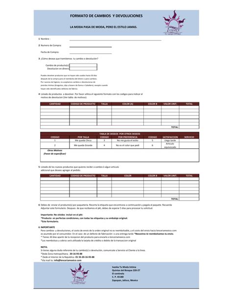 Formulario De Devoluciones Formato De Devoluciones