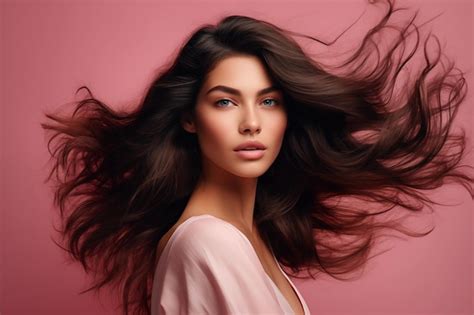 Premium AI Image Portrait Of A Beautiful Woman With Long Wavy Brunette Hair On The Pink Background
