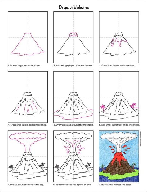 Easy How to Draw a Volcano Tutorial Video, Volcano Coloring Page