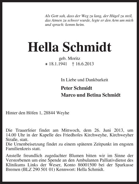 Traueranzeigen Von Hella Schmidt Trauer Kreiszeitung De