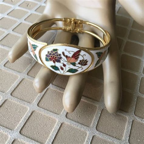 Vintage Jewelry Cloisonn Butterfly Floral Clamper Gold Tone White