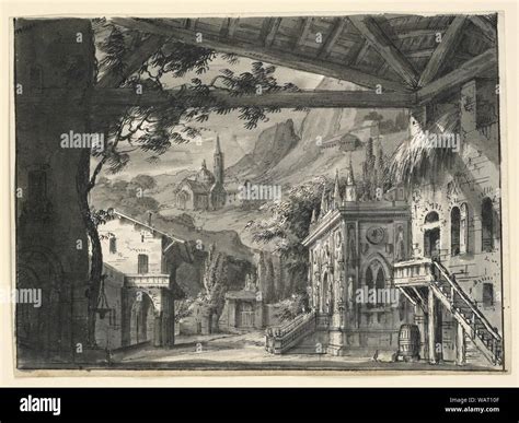 Drawing Stage Design Village In Hilly Landscape Early 19th Century