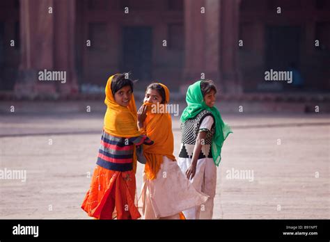 Muslim Girls Inside The Friday Mosque Or Jama Masjid In Fatehpur Sikri