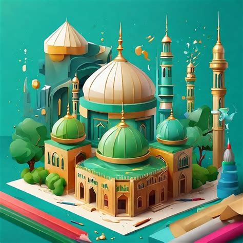 Premium Photo | Painting the green mosque architecture to celebrate Islamic event