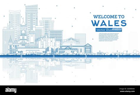 Outline Welcome To Wales City Skyline With Blue Buildings Vector