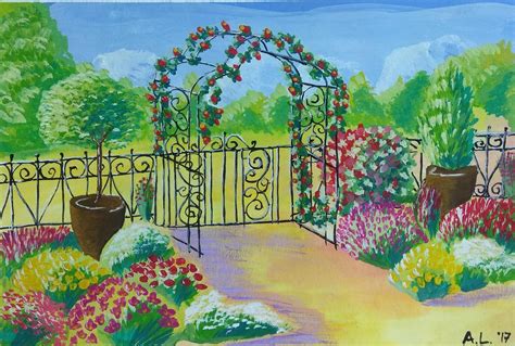 Flower Garden Landscape Gouache Painting On Paper Original Handmade