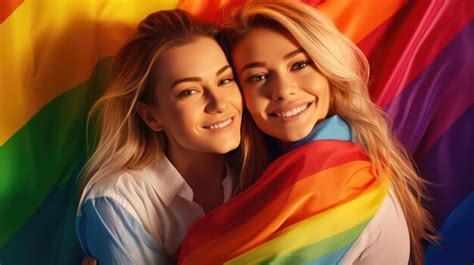Premium AI Image Two Lesbian Girls With Rainbow Flag Happily Smiling And Celebrating Deeply In