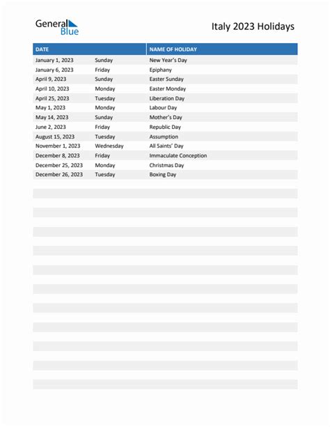 2023 Italy List of Holidays in PDF, Word, and Excel