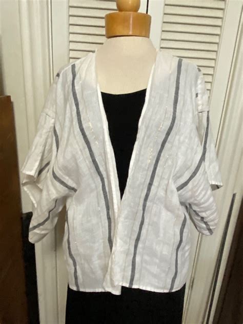 Sussan Linen Open Front Jacket Wide Sleeves Striped Womens Size S M