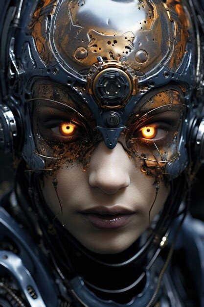 Premium Ai Image A Woman Wearing A Metal Mask With Glowing Eyes