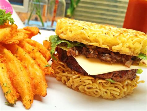 Noodle Cheese Burger With Mushroom And Dont Forget The Waffle Fries