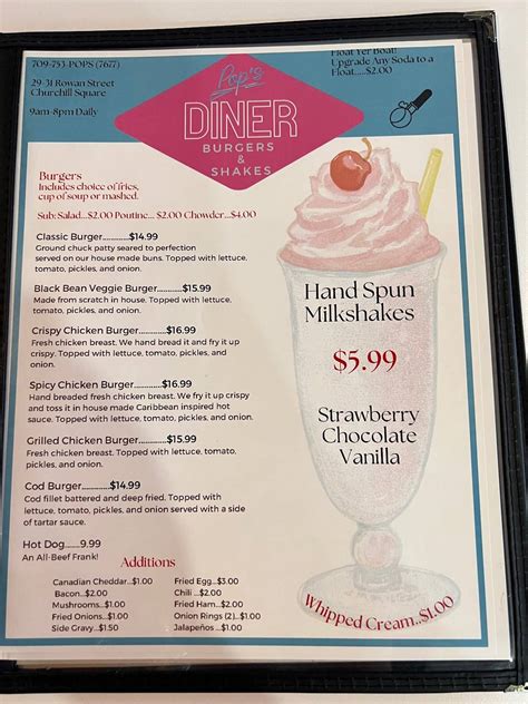 Menu at Pop’s Diner restaurant, St. John's