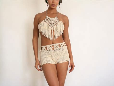 Hand Crochet Beach Bikini Set Women S Short Swimwear With Sexy Tassel Detail Women S Clothing