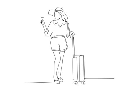 Continuous One Line Drawing Pretty Woman Tourist Preparing For Travel