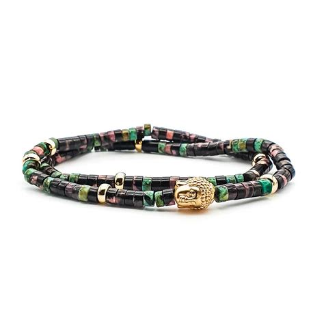 Double Wrap Ct Gold And Heishi Buddha Bracelet Uk Ommo London