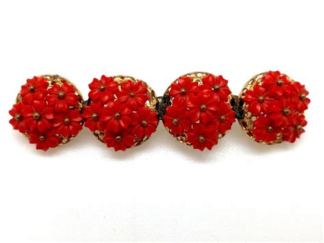 Stunning Miriam Haskell Wired Red Pinhead Flowers Bar Brooch Etsy