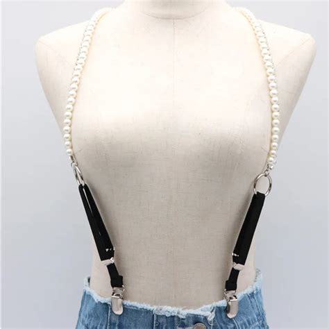 Women Harness Pearl Suspender Belts 3 Metal Clip Bra Chest Bondage Sexy