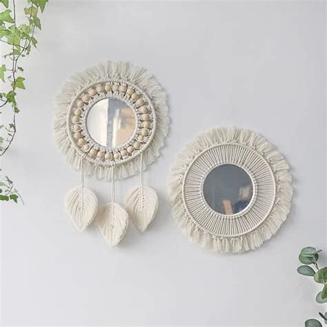 Miroir Mural Boho Miroir Art Décor Macramé Frange Miroirs Ronds Wall