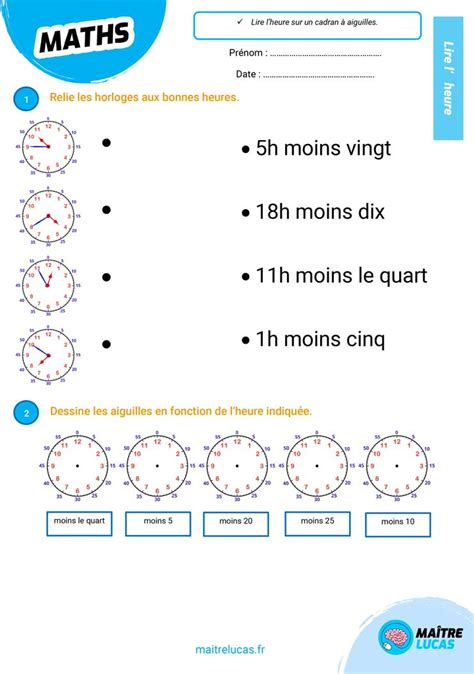Fiche Exercices Lire L Heure Moins Moins Le Quart Ma Tre Lucas