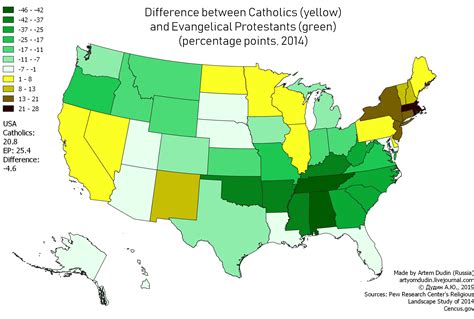 Catholics vs Evangelical Protestants in US states, 2014 : r/MapPorn