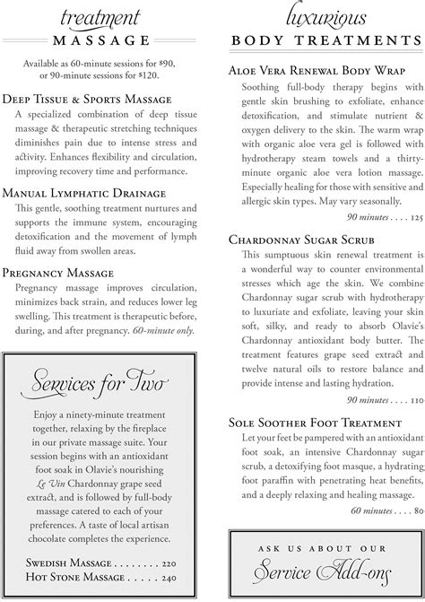 Menu Of Spa Services Spa Massage Marketing Massage Therapy Spa Menu