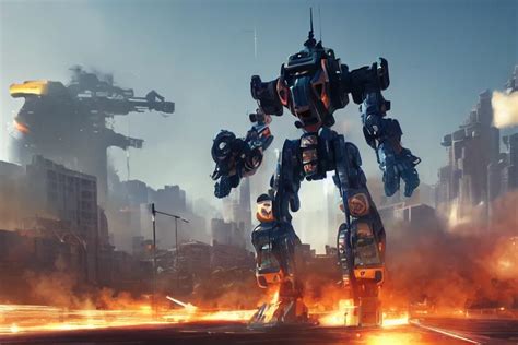 Six Meter Tall Mech Firing A Minigun In A City Action Stable