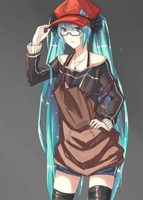 Safebooru 1girl A5125924 Apron Aqua Hair Bespectacled Glasses Hand On