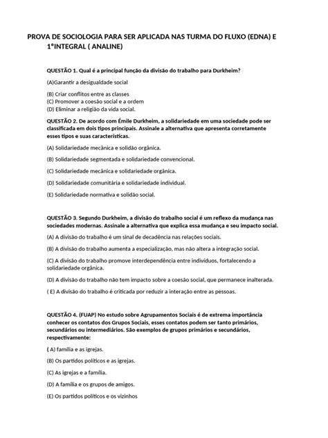 Prova De Sociologia - Prova de Sociologia: Questões e Gabarito | PDF | Sociologia | Émile ...