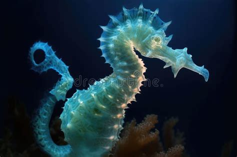 Glowing Seahorse In The Dark With Bioluminescent Features Stock