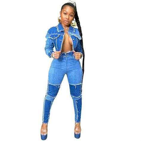 Blau Denim Zwei St Ck Set Jeans Anzug F R Frauen Lang H Lle Jacke Ernte