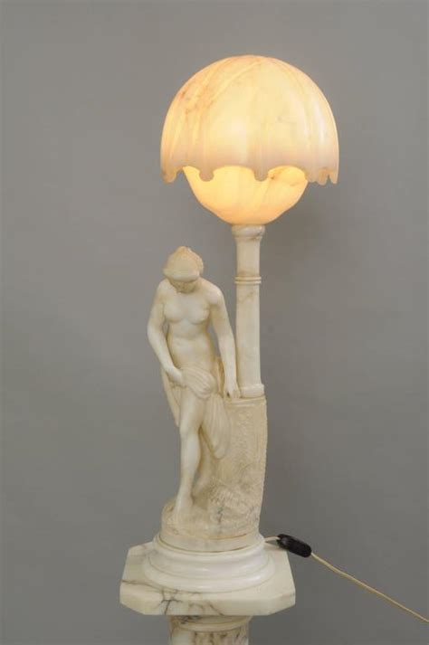 Art Nouveau Carved Alabaster And Marble Lamp On Pedestal Figural Nude