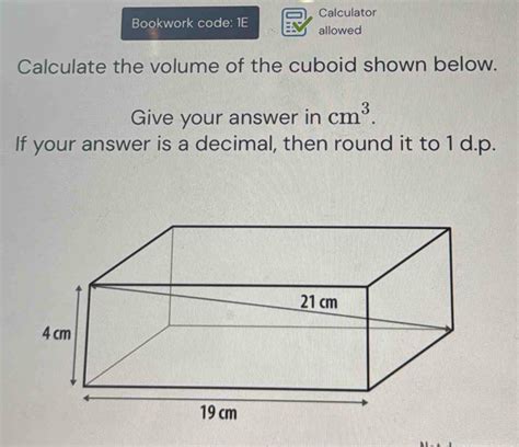 Solved Calculator Bookwork Code 1E Allowed Calculate The Volume Of