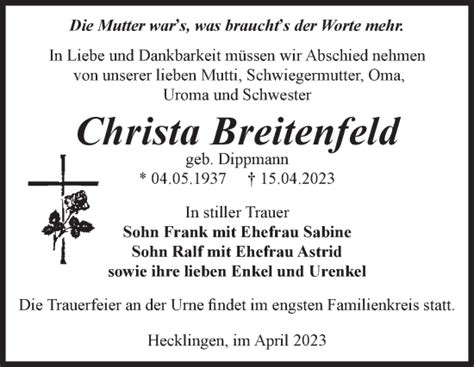 Traueranzeigen Von Christa Breitenfeld Abschied Nehmen De