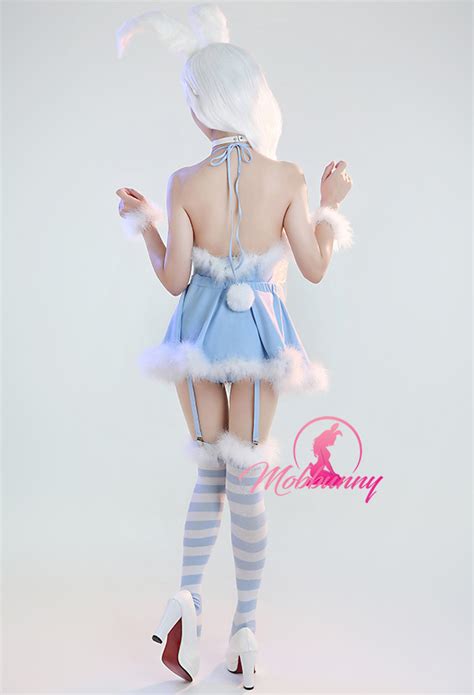 Bunny Girl Sexy Lingerie Set Blue Furry Heart Hollow Halter Bodysuit With Skirt And Striped