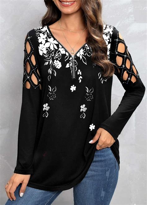 Rotita Zipper Floral Print Black V Neck T Shirt Rotita Usd