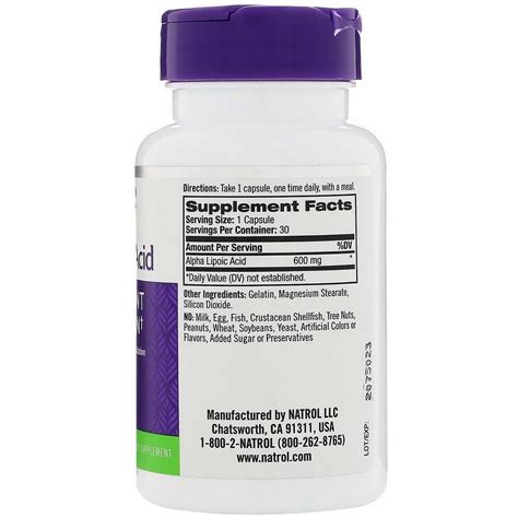 Ácido Alfa Lipóico Alpha Lipoic Acid 600 mg Natrol 30 cápsulas