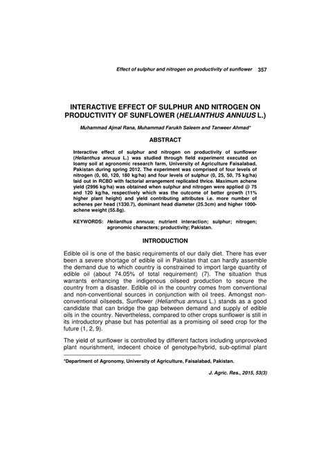 Pdf Effect Of Sulphur And Nitrogen On Productivity Of Sunflower