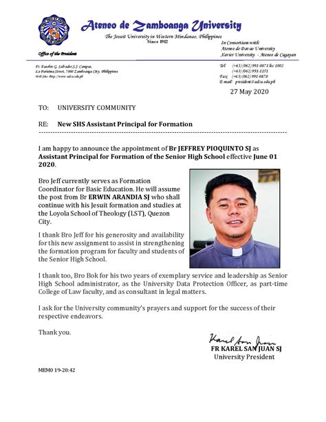 New Shs Assistant Principal For Formation Ateneo De Zamboanga University