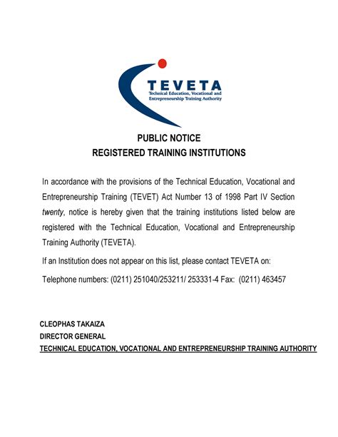 Teveta Registered Institutions Public Notice Registered Training