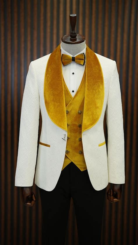 White Yellow Slim Fit Groom Wedding Tuxedo For Men Gentwith