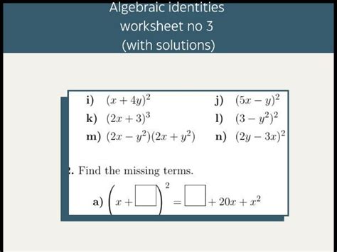 Algebraic identities worksheet no 3 (with solutions) | Teaching Resources