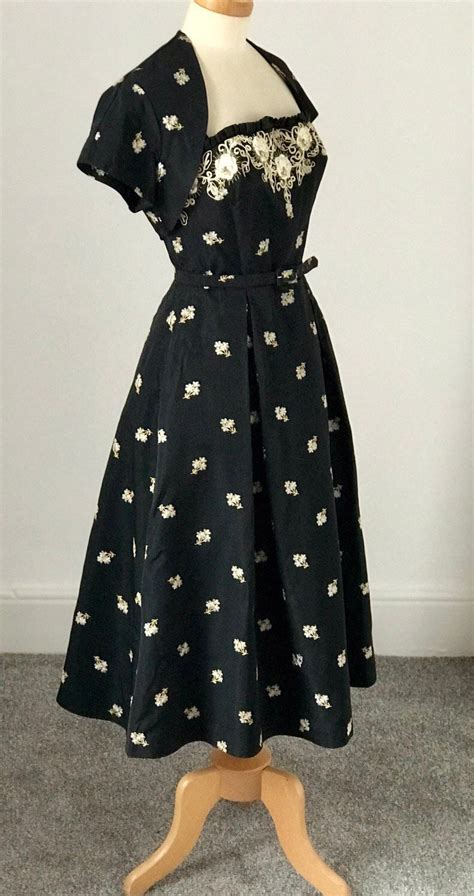 Vintage 1950s Dress And Bolero Black Silk Brocade Pearl Droplets 50s