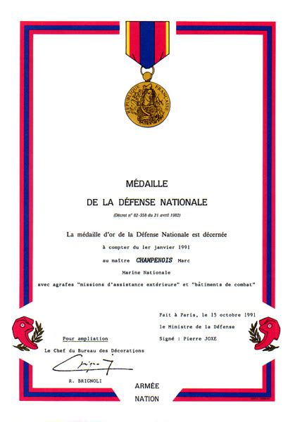 Médaille de la Défense nationale Diplôme